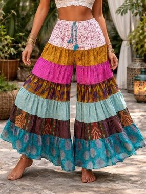 Pre Order info : One of a Kind 7 Tiered Boho Tiered Wide-Leg Patchwork
